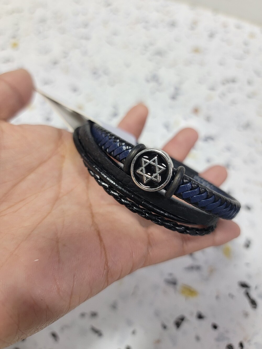 Men's Black & Navy Braided Leather Wrap Bracelet with Star Emblem